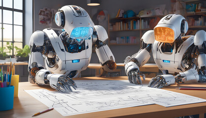 Fototapeta premium students robots with artificial intelligence learn math at school, concept new technologies, generative ai