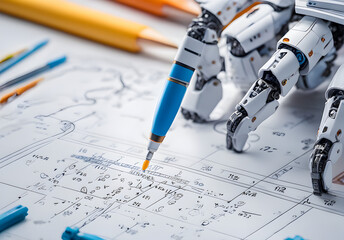 students robots with artificial intelligence learn math at school, concept new technologies, generative ai