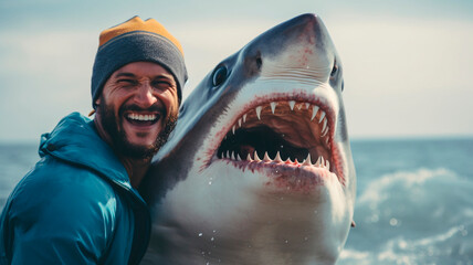 fun selfies of a man and a shark, Generative AI 