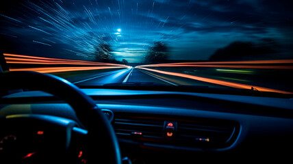 
a car dashboard and streaks of light outside the windshield through long exposure. Illustrating the experience of driving at night. Generative AI