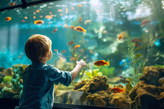 Cute little boy looking at colorful fishes in aquarium. Child exploring marine life.