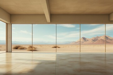 An evocative portrayal of a spacious, empty room with large windows overlooking a tranquil outdoor landscape, inviting a sense of peace and contemplation. Generative Ai