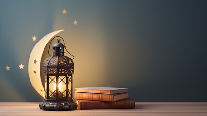 Fototapeta na wymiar Ramadan Kareem background with lantern, books and crescent moon. 