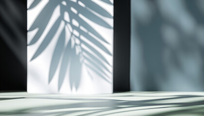 Abstract studio background for product presentation. Empty room with shadows of window and flowers and palm leaves . 3d room with copy space. Summer concert. backdrop. beauty product placement.