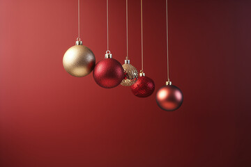Fototapeta na wymiar Red and gold Christmas decorative hanging balls on the red background. Generative AI