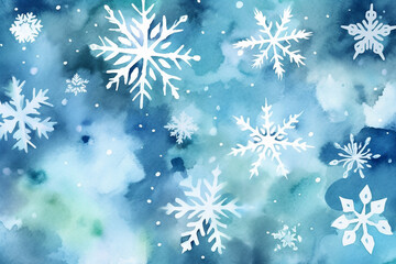 Fototapeta na wymiar Watercolor hand drawing snowflakes, light blue background. Generative AI
