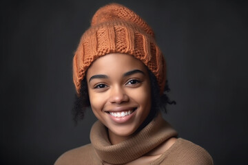 Pretty young smiling afro-american woman posing in a chunky knitted cap. Generative AI