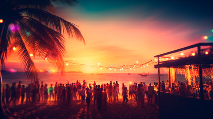 A beach party scene characterized by lively nighttime celebrations during summer vacations. Generative AI