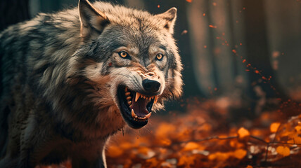 A depiction of a furious gray wolf within the forest, Generative AI 