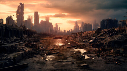An ultra-realistic photograph of a post-apocalyptic cityscape with demolished structures in the background. Generative AI - obrazy, fototapety, plakaty