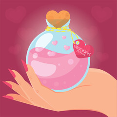 Hand holding a magical love potion elixir Vector
