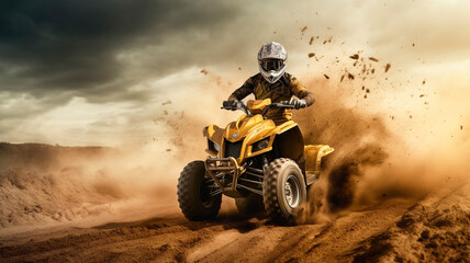 Fototapeta premium a rider in a helmet driving an ATV rides through the desert, cutting through the sand. Generative AI