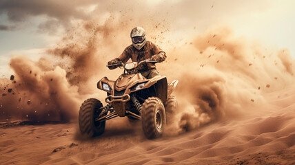 a rider in a helmet driving an ATV rides through the desert, cutting through the sand. Generative AI