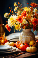 Obraz na płótnie Canvas Autumn table setting with pumpkins, flowers and apples on dark background