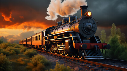 Steam locomotive on the railroad at sunset.