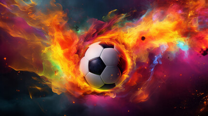 A soccer ball engulfed in flames and
