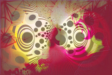 Abstract modern green and grey psychedelic background with different circles and lines. Generative ai illustration