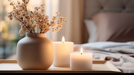 A scented candle on a white table with vases in bedroom modern minimalist.