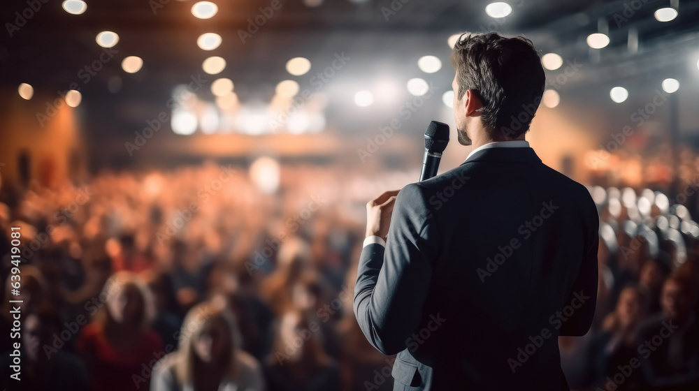 Poster rear view of motivational speaker standing on stage in front of audience for motivation speech on bu