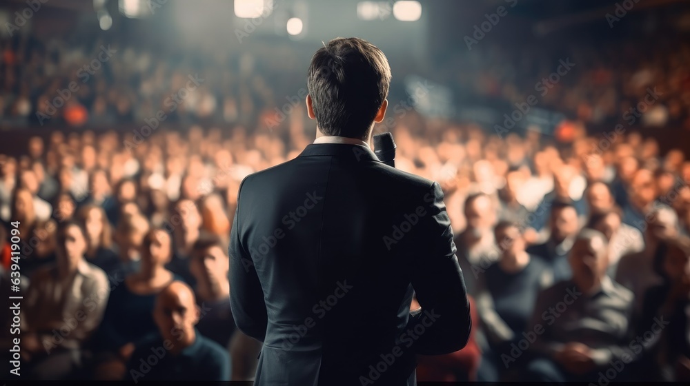 Poster Rear view of motivational speaker standing on stage in front of audience for motivation speech on business event.