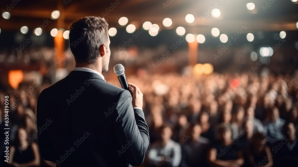 Poster rear view of motivational speaker standing on stage in front of audience for motivation speech on bu