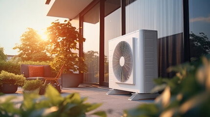 An air source heat pumps installed outside of new modern house, Sustainable and clean energy at home.
