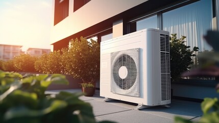 An air source heat pumps installed outside of new modern house, Sustainable and clean energy at home.