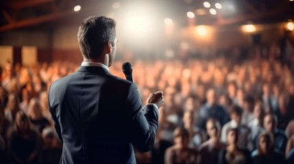 Rear view of motivational speaker standing on stage in front of audience for motivation speech on business event.