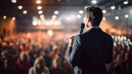 Rear view of motivational speaker standing on stage in front of audience for motivation speech on business event. - obrazy, fototapety, plakaty