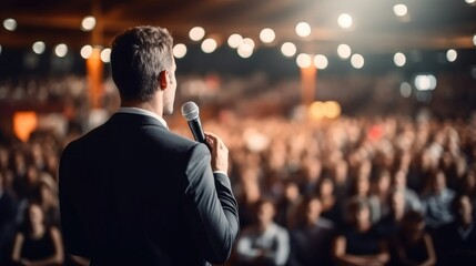 Rear view of motivational speaker standing on stage in front of audience for motivation speech on business event.