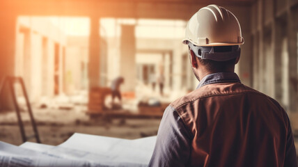 A construction engineer standing in a helmet against the background of a house under construction. 