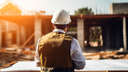 A construction engineer standing in a helmet against the background of a house under construction. 
