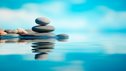 Smooth stones placed in water, casting reflections, symbolizing a concept of peace, meditation, and relaxation. Generative AI 