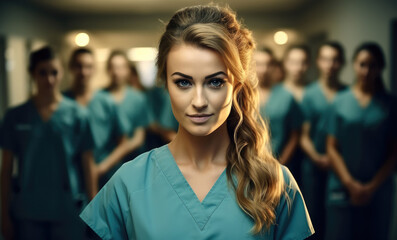 Fototapeta premium medical or nursing student standing with her team in hospital, Medical concept.