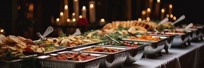 Catering buffet food indoor with meat colorful fruits and vegetables at restaurant. - obrazy, fototapety, plakaty