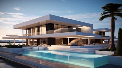 Obraz premium Modern Minimalist Villa with swimming pool at sunset.