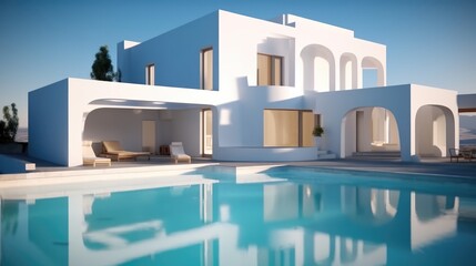 Modern Minimalist Villa with swimming pool at sunset.