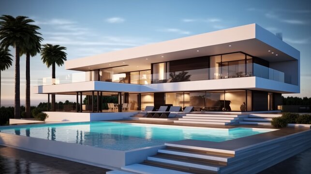 Modern Minimalist Villa with swimming pool at sunset.