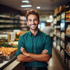 Fototapeta premium Cashier serving customers in supermarket, Young and attractive salesman.