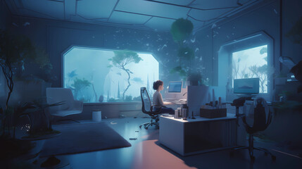 En, deeply engrossed in work, sits at a desk surrounded by hovering holographic screens in a futuristic office space. The room is bathed in soft, cool blue light, casting gentle shadows that contrast 
