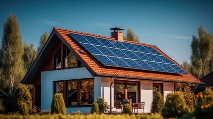 Solar panels on roof of new home, Sustainable and clean energy concept.