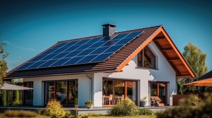Solar panels on roof of new home, Sustainable and clean energy concept.