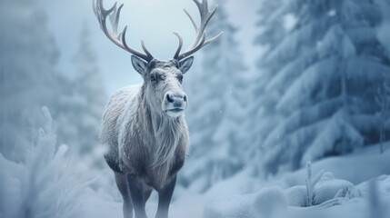 A majestic deer in a snowy forest