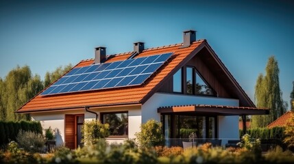 Solar panels on roof of new home, Sustainable and clean energy concept.