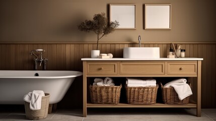 Fototapeta na wymiar Interior design of Bathroom in farmhouse style with wicker basket material.
