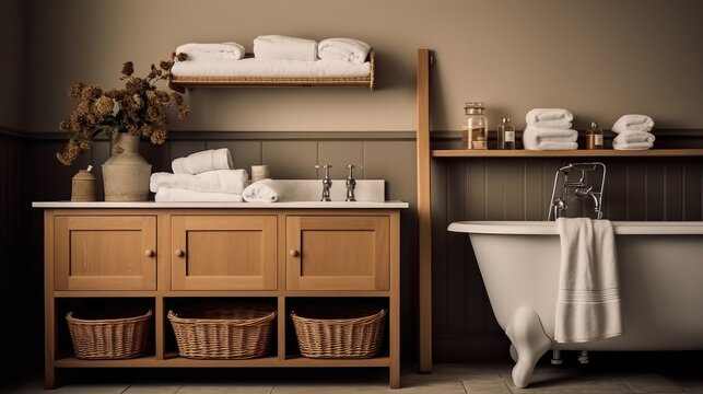 Fototapeta Interior design of Bathroom in farmhouse style with wicker basket material.