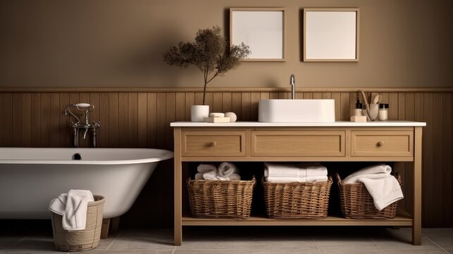 Fototapeta Interior design of Bathroom in farmhouse style with wicker basket material.