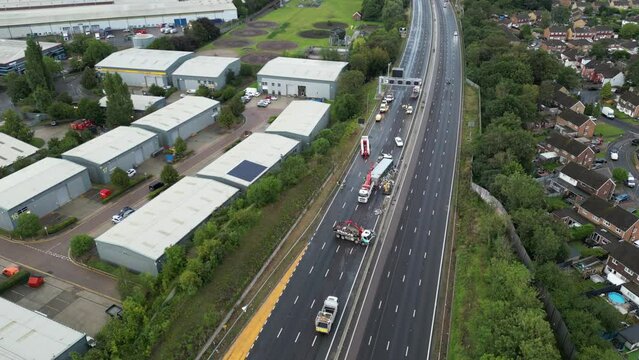 aerial Drone view of truck in accident on motorway