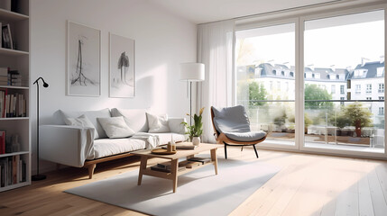 Naklejka na ściany i meble interior design, scandinavian style, scandinavian design, white style, living room, modular furniture with cotton textiles, wooden floor, low ceiling, large steel windows viewing a city, carpet on the