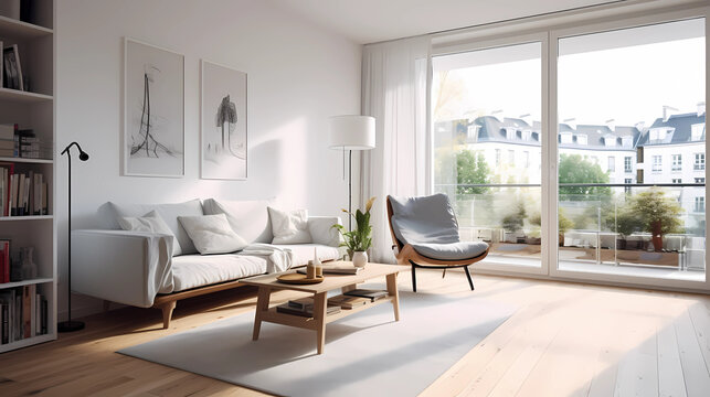 interior design, scandinavian style, scandinavian design, white style, living room, modular furniture with cotton textiles, wooden floor, low ceiling, large steel windows viewing a city, carpet on the